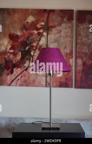 Décoration intérieure saisissante avec sol vintage rose lilas et lampes de table aux nuances sombres sur un mur rose dans un concept de décoration intérieure Banque D'Images