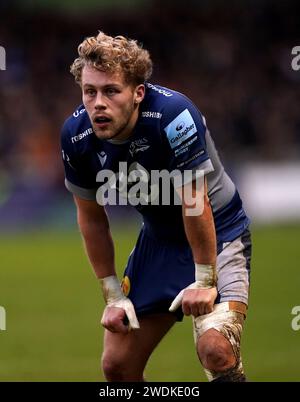 Solde Gus Warr des Sharks lors du match de poule 4 de la coupe des Champions Investec au stade AJ Bell, Salford. Date de la photo : dimanche 21 janvier 2024. Banque D'Images