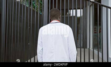 Vue arrière d'un homme afro-américain dans une blouse de laboratoire blanche debout à l'extérieur d'une porte d'hôpital moderne, incarnant le professionnalisme et les soins de santé. Banque D'Images