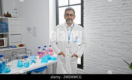 Jeune scientifique hispanique confiant, aux cheveux gris et souriant, marchant dans le laboratoire, immergé dans des travaux de recherche médicale innovants Banque D'Images