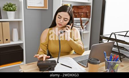 Une femme hispanique professionnelle s'engage dans une conversation téléphonique dans un environnement de bureau moderne Banque D'Images