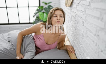 Curieuse jeune femme hispanique avec une belle coiffure, assise sur son lit à l'intérieur, espionnant les voisins dans son appartement. elle écoute Banque D'Images