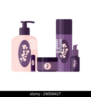 Ensemble de produits cosmétiques pour la routine de beauté quotidienne. Tubes et bouteilles pour les soins de la peau et la beauté avec logo design. Illustration vectorielle Illustration de Vecteur