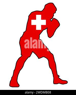 Silhouette d'un boxer poids lourd en contour placé sur le drapeau national de la Suisse Banque D'Images