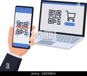 Utilisateur détenant un smartphone et scannant un code : achats en ligne et paiements par code QR Illustration de Vecteur