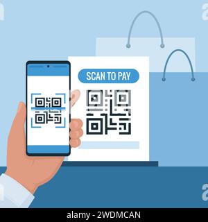 Client scannant un QR code avec son smartphone et effectuant un paiement dans un magasin Illustration de Vecteur