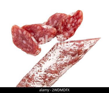 salami séché avec moisissure blanche isolé sur fond blanc avec chemin de découpage, entier et tranches de salami pour créer la mise en page, concept de nourriture savoureuse Banque D'Images