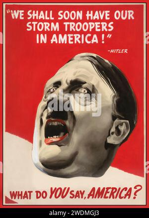 ADOLF HITLER ILLUSTRATION DÉMONIAQUE des années 1940 WW2 affiche de propagande illustrant un démoniaque Adolf Hitler disant «nous aurons bientôt nos Storm Troopers en Amérique» Seconde Guerre mondiale Amérique États-Unis Banque D'Images