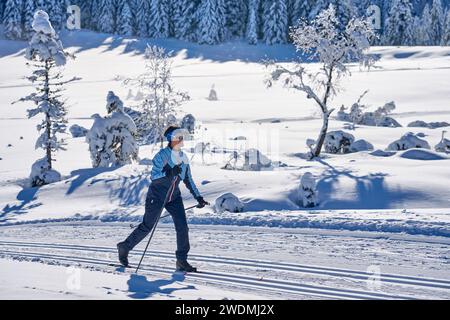 Belle et active femme senior ski de fond dans la région de Hochhaedrich dans la forêt de Bregenz dans le Vorarlberg, Autriche Banque D'Images