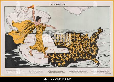 SUFFRAGE ILLUSTRATION MAP 1915 'THE AWAKENING' Une étonnante 'carte du suffrage', qui a joué un rôle majeur dans la lutte réussie pour le suffrage des femmes aux États-Unis Lady Liberty, portant une cape étiquetée 'votes for Women', se dresse à cheval sur les États (de couleur blanche) qui avaient adopté le suffrage. Elle tient son flambeau, apportant «l'illumination» aux femmes dans ces États encore dans l'obscurité. Cette carte est apparue dans le magazine Puck pendant la campagne de l'Empire State, l'illustrateur Henry 'Hy' Mayer, un artiste d'origine allemande qui était le dessinateur en chef de Puck au moment de sa publication. Banque D'Images