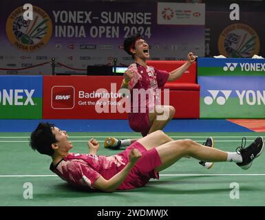 New Delhi, Inde. 21 janvier 2024. NEW DELHI, INDE - JANVIER 21 : les champions du monde en titre Kang min Hyuk et Seo Seung Jae de Corée célèbrent après avoir remporté la Double finale masculine contre les Indes Satwiksairaj Ranireddy et Chirag Shetty au Yonex-Sunrise India Open 2024 au IGI Stadium, le 21 janvier 2024 à New Delhi, en Inde. (Photo de Vipin Kumar/Hindustan Times/Sipa USA ) crédit : SIPA USA/Alamy Live News Banque D'Images