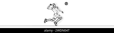 Une ligne continue représente un jeune joueur professionnel de volleyball en action servant le ballon sur le terrain Illustration de Vecteur