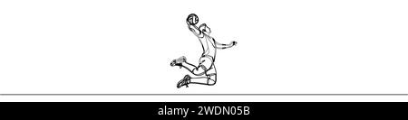 Une ligne continue représente un jeune joueur professionnel de volleyball en action servant le ballon sur le terrain Illustration de Vecteur