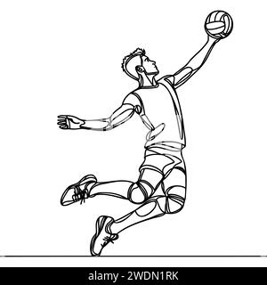 Une ligne continue représente un jeune joueur professionnel de volleyball en action servant le ballon sur le terrain Illustration de Vecteur