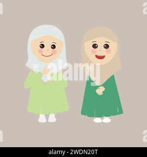 Enfant musulman, petite fille ramadan illustration vectorielle de dessin animé. Mignon enfant femelle dans des vêtements traditionnels. Caractère heureux et souriant des enfants dans le hijab. Illustration de Vecteur