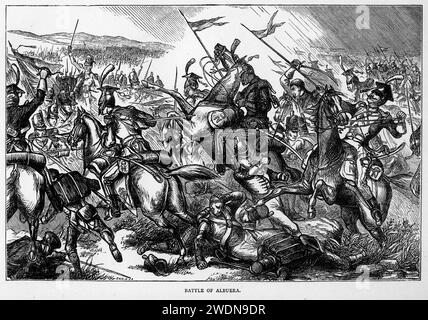 La bataille d'Albuera (16 mai 1811) a eu lieu pendant la guerre péninsulaire. Un corps mixte britannique, espagnol et portugais engagea des éléments de l'Armée du midi dans le petit village espagnol d'Albuera, à environ 20 kilomètres (12 mi) au sud de la forteresse frontière de Badajoz, en Espagne. Banque D'Images