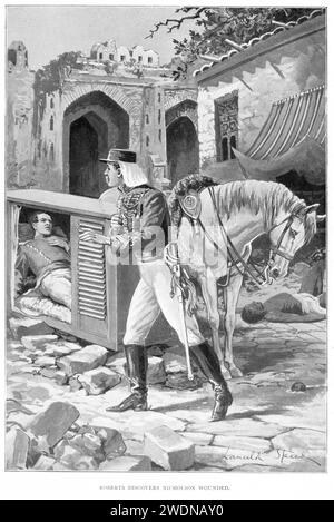 Roberts trouve Nicholson mortellement blessé sous les murs de Delhi, (1901). Delhi a été assiégée et capturée par les Britanniques en 1857 lors de la mutinerie indienne. La prise de la ville par les mutins était vitale pour les Britanniques en raison de son importance symbolique en tant que siège des dirigeants moghols de l'Inde. Ici, le lieutenant Frederick Sleigh Roberts trouve son collègue, le brigadier-général John Nicholson, décédé à l'âge de 35 ans des suites des blessures reçues lors de la prise de la ville. Banque D'Images