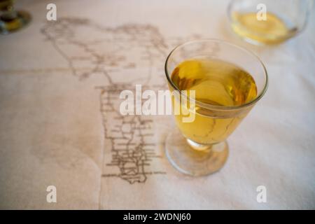 Vin blanc gardé sur une table avec hors de mise au point carte de l'amérique du Sud en arrière-plan, concept de pays de production de vin Banque D'Images