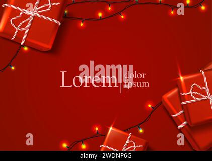 illustration de la bannière. modèle de publicité. Dépliant rouge avec lumières et boîtes-cadeaux. Illustration de Vecteur