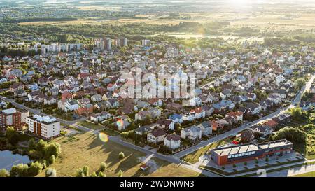 Vue aérienne des toits modernes des maisons de quartier résidentiel maisons d'été tôt lever du soleil. Banque D'Images