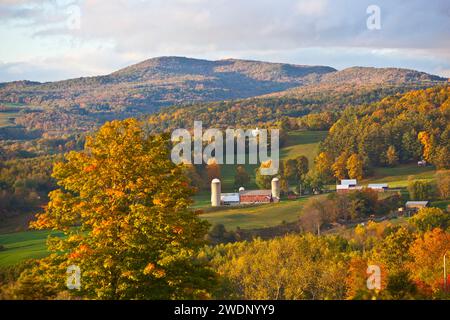 La lumière chaude du coucher du soleil baigne une ferme pittoresque du Vermont avec ses silos au milieu d'un feuillage d'automne vibrant dans un paysage tranquille et vallonné. Banque D'Images