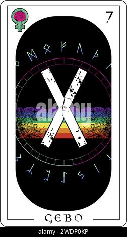 Carte de tarot viking avec alphabet runique. Lettre runique appelée Gebo à côté d'un arc-en-ciel. Illustration de Vecteur