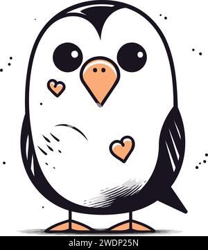 Pingouin de dessin animé mignon avec des yeux en forme de coeur. Illustration vectorielle. Illustration de Vecteur