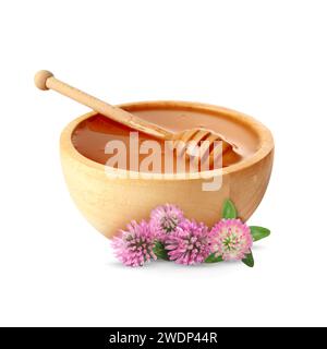 Miel dans un bol en bois, plongeon et fleurs de trèfle isolés sur blanc Banque D'Images