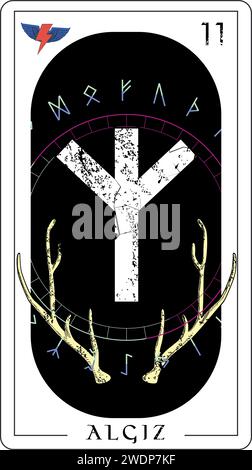 Carte de tarot viking avec alphabet runique. Conception d'un t-shirt avec le lettrage runique appelé Algiz à côté des cornes d'élan. Illustration de Vecteur