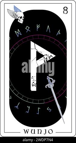 Carte de tarot viking avec alphabet runique. Lettre runique appelée Wunjo à côté d'une épée médiévale. Illustration de Vecteur