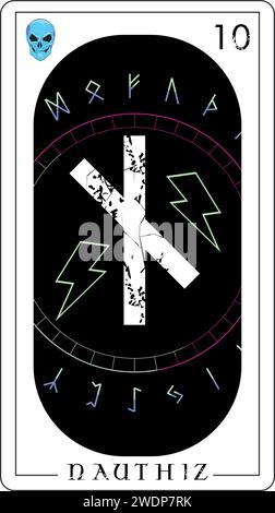 Carte de tarot viking avec alphabet runique. T-shirt à lettre runique appelé Nauthiz à côté du symbole du coup de foudre. Illustration de Vecteur