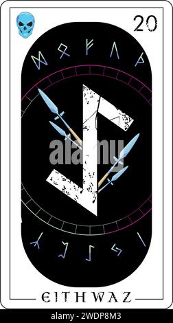 Carte de tarot viking avec alphabet runique. Lettrage runique appelé Eithwaz à côté d'une paire de lances isolées sur noir. Illustration de Vecteur