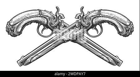 Fusils croisés, croquis. Deux pistolets à silex, armes à feu. Illustration vectorielle vintage dessinée à la main Illustration de Vecteur