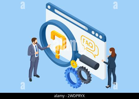 Points d'interrogation isométriques, boîte de message avec question, technologie Chatbot, bot de chat IA basé sur l'intelligence artificielle. La femme et l'homme posent des questions et Illustration de Vecteur
