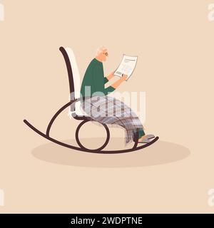 Homme mignon âgé est assis dans une chaise à bascule.Vieux mâle couvert ses pieds avec carreaux de laine Plaid.Cartoon grand-père résoudre un puzzle de mots croisés Illustration de Vecteur