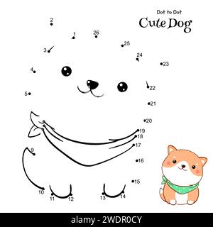 Reliez les points et dessinez Cute Dog. Puzzle point à point avec dessin animé petit chiot shiba inu. Jeu éducatif pour les enfants. Dessin pour enfants d'âge préscolaire. Banque D'Images