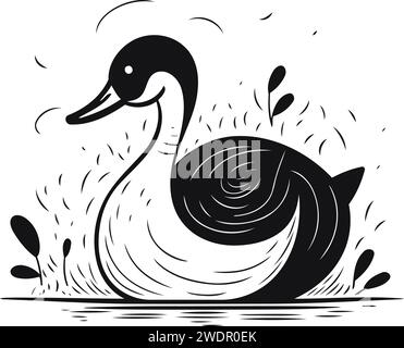 Cygne nageant dans la mer. illustration vectorielle en noir et blanc. Illustration de Vecteur