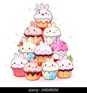 Mignons desserts sucrés en forme d'animal dans le style kawaii avec visage souriant et joues roses. Gâteau en forme de lapin, muffin et cupcake avec crème fouettée et berr Banque D'Images