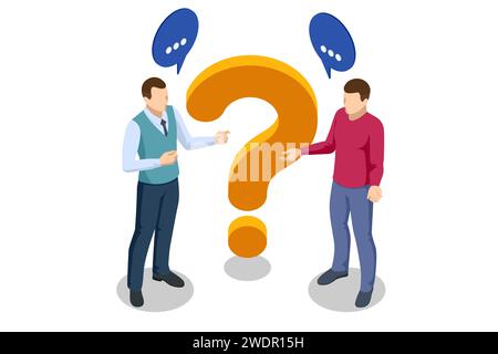 Points d'interrogation isométriques, boîte de message avec question, technologie Chatbot, bot de chat IA basé sur l'intelligence artificielle. Homme poser des questions et recevoir Illustration de Vecteur