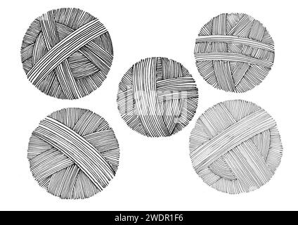 Ensemble de boules de fils pour tricoter ou broder avec contour noir. Isolé sur fond blanc. Lignes d'épaisseur différente. Chaque cercle est rempli de lignes qui s'entrecroisent dans différentes directions Banque D'Images