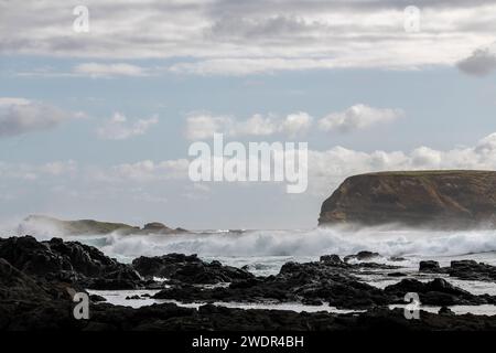 Paysage côtier rocheux et fureur d'océan à Phillip Island, Victoria Banque D'Images