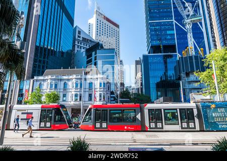 Explorer le cœur dynamique de Sydney : le centre-ville, le tram Banque D'Images