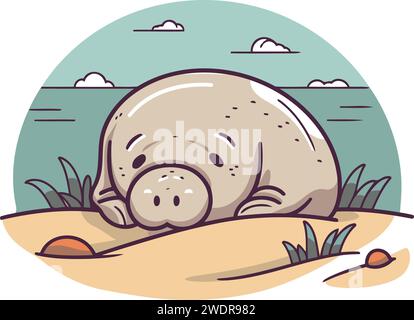 Mignon hippopotame dormant dans le sable. Illustration vectorielle. Illustration de Vecteur