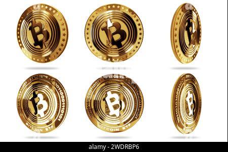 Bitcoin ETF BTC crypto-monnaie pièce d'or isolée sur fond d'écran vert. Concept abstrait illustration 3D. Banque D'Images