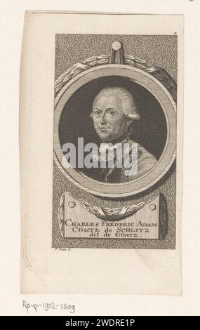 Portrait van Karl Friedrich Adam Graf von Görtz, Peter Haas, 1764 - 1804 tirage numéroté en haut à droite : 7. gravure sur papier / gravure de personnes historiques. ornement  médaillon. commandant en chef, général, maréchal. ornement  feston, guirlande Banque D'Images