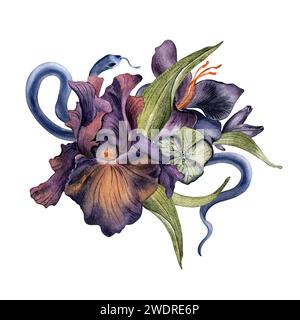 Composition avec aquarelle fleur d'iris foncé et serpent isolé sur noir. Illustration florale gothique dessinée à la main. Décoration botanique sombre pour packagi Banque D'Images