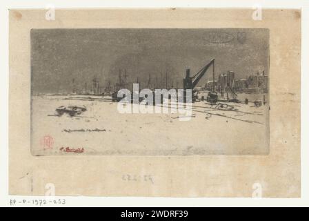Visage de neige sur Paris, Henri Charles Guérard, 1856 - 1897 imprimer parchemin (matériel animal) gravure de la neige. vue sur la ville en général ; 'veduta'. Grue à quai Paris Banque D'Images