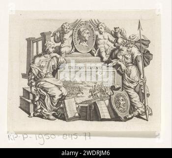 Vignette avec femme assise et Minerva, Anonyme, 1725 print vignette sur la page de titre avec une femme assise et minerve avec bouclier et hibou de chaque côté d'une image d'une bataille. Au-dessus, un médaillon portrait de Constantijn le Grand flanqué de deux putti. Au milieu, la devise In HOC Signo. Marque d'impression de Hendrik Halma. Leeuwarden gravure papier figure assise - AA - figure humaine féminine. (Histoire de) Minerve (Pallas, Athéna). dispositif (marque de commerce de l'imprimeur ou de l'éditeur) Banque D'Images