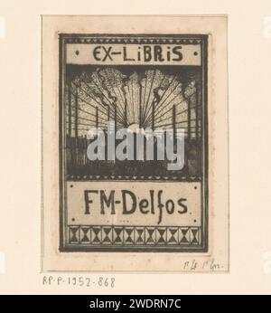 Ex Libris de F.M. Delfos, Lodewijk Schelfhout, 1915 imprimer Une ville avec des cheminées fumantes, éclairée par le soleil ascendant ou couchant. vue sur la ville en point sec en papier en général ; 'veduta'. cheminée Banque D'Images