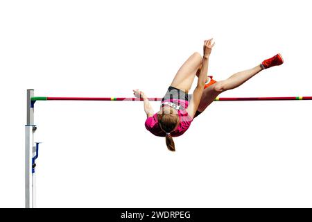 femme athlète saut en hauteur compétition d'athlétisme, isolé sur fond blanc Banque D'Images